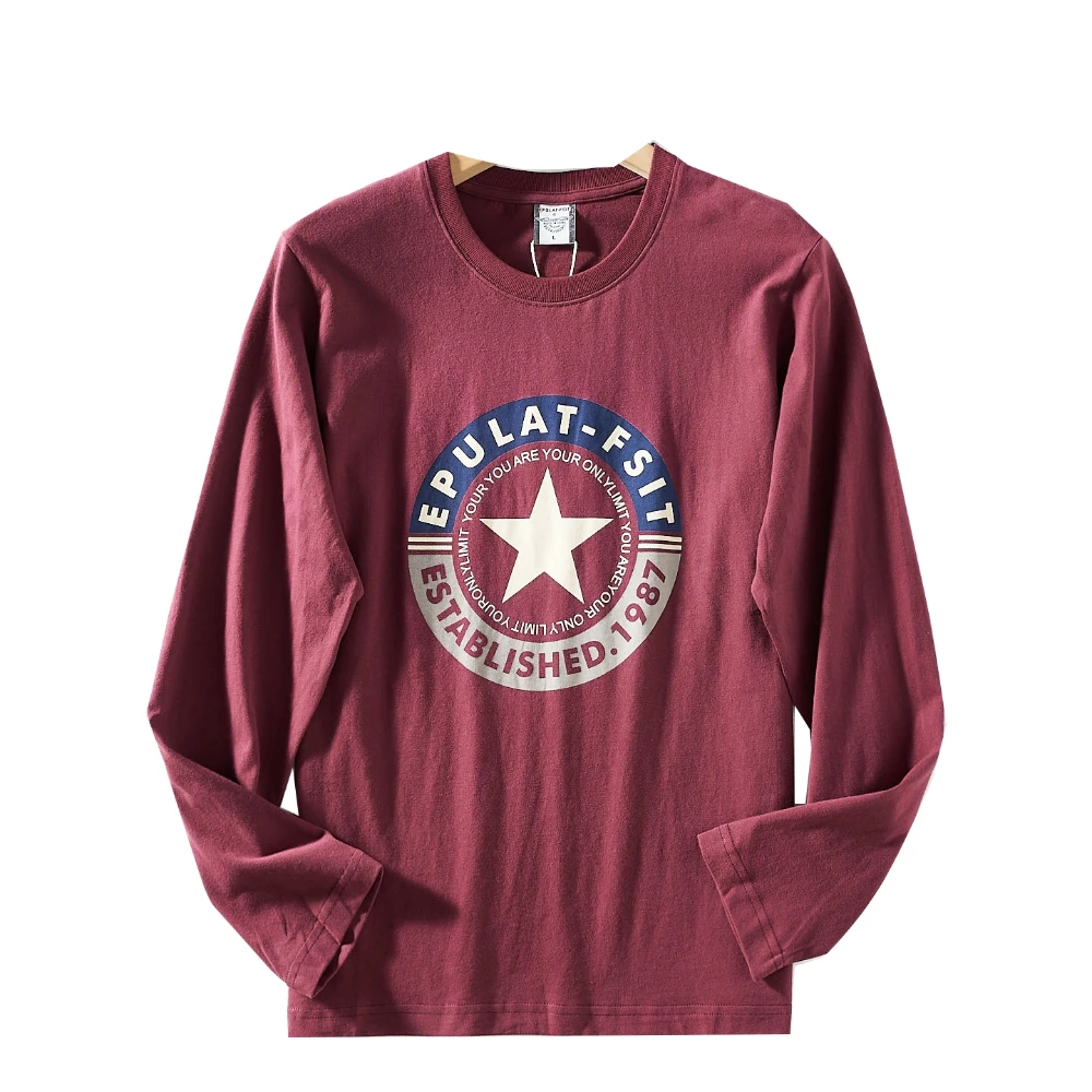 2025 Autumn New American Retro Long Sleeve O-neck Pentagram Printed T-shirt Men's Fashion 100% Cotton Washed Casual Youth Tops