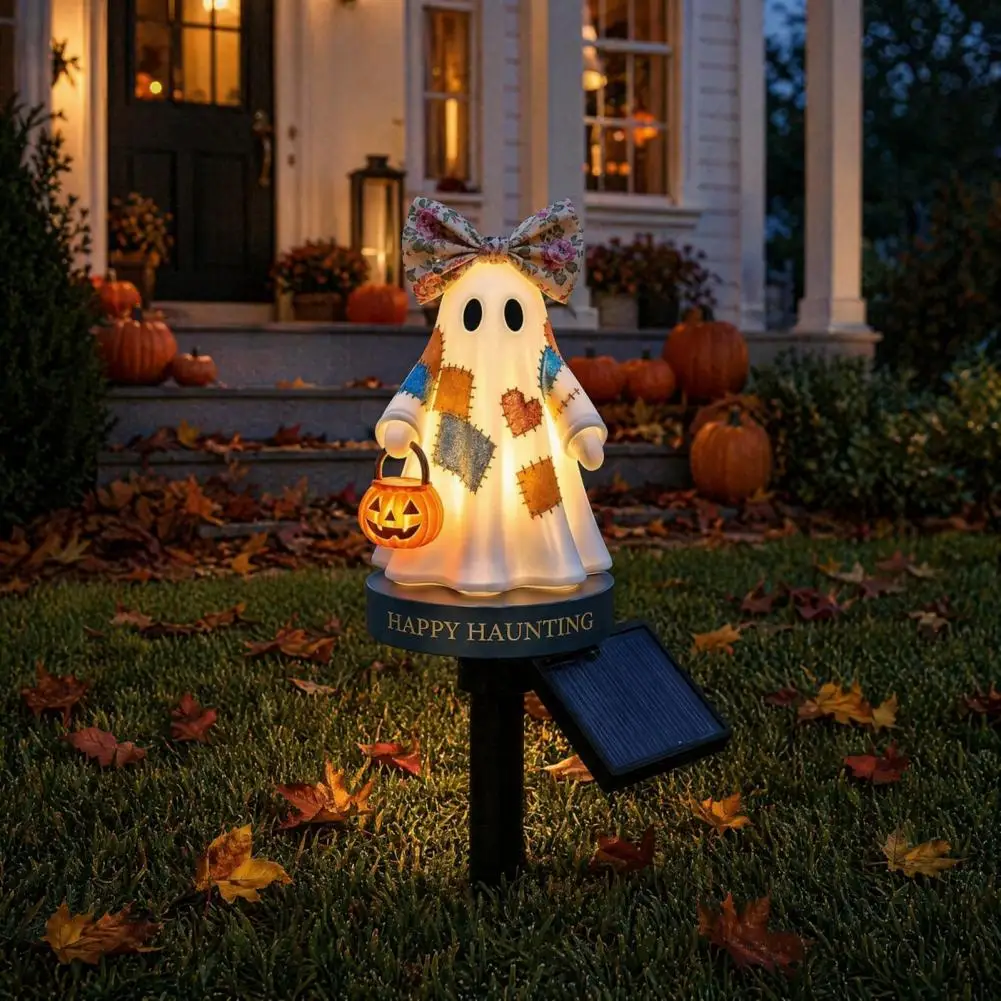 Patchwork Fabric Ghost Decor Solar Retro Patchwork Ghost Light Fabric Halloween Garden Stake with Pumpkin Lantern Warm Glow