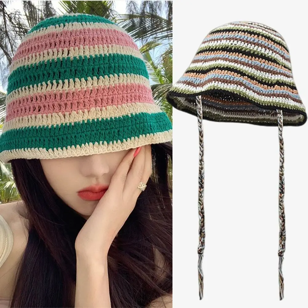 Hollow Out Knit Beanies Cute Sunflower Rainbow Strip Panama Cap Flower Crochet INS Bucket Hat Spring&Summer