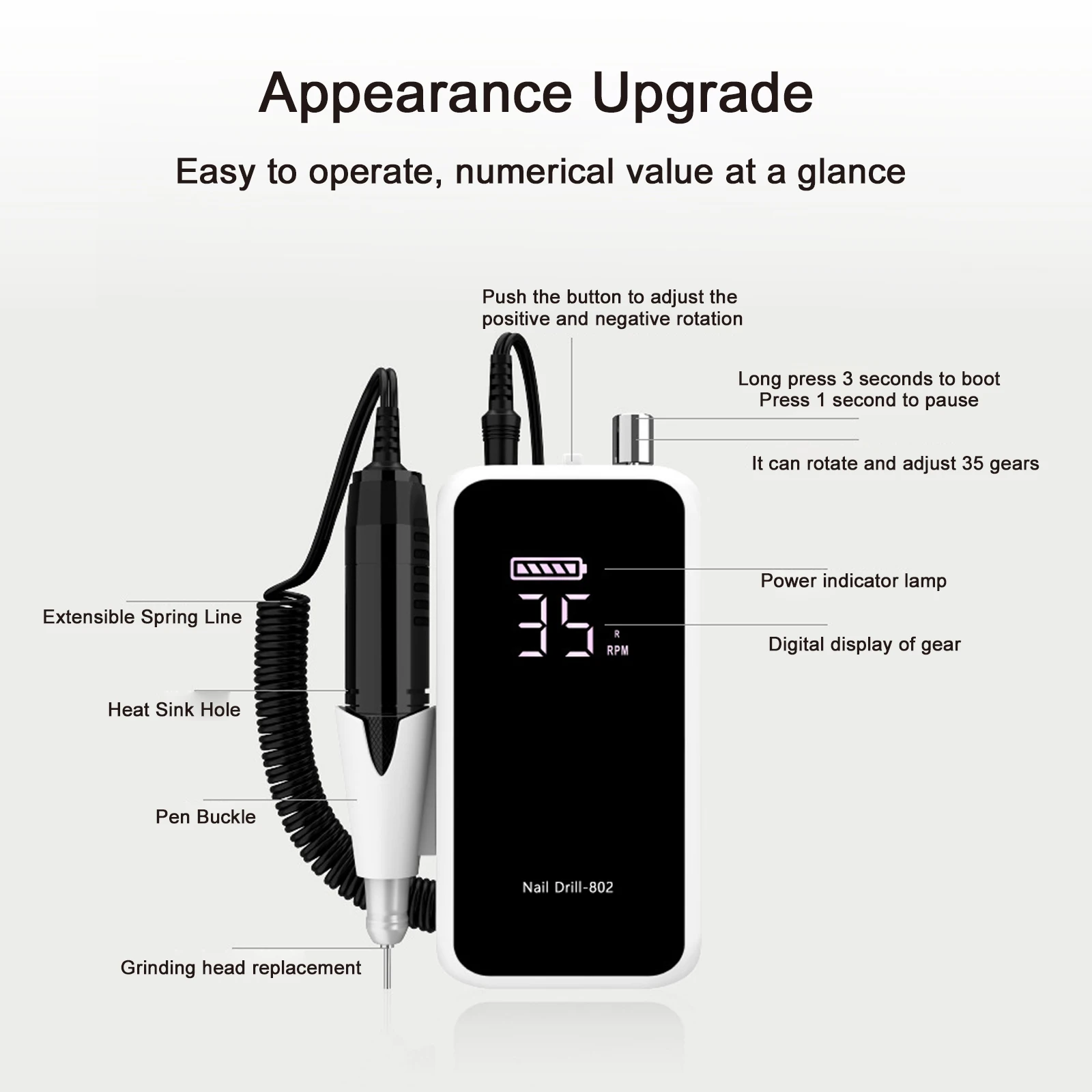 أداة تلميع احترافية لباديكير الأظافر آلة تلميع جل الأكريليك المحمولة مزيل 35000 دورة في الدقيقة مثقاب أظافر مع 6 مثقاب أظافر ب #5