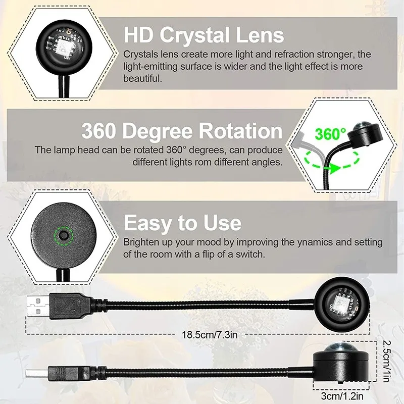 7 Colors Sunset Lamp 18.5/28cm Atmosphere Night Light Photography Background Lights USB Powered Rainbow Projector Lamp