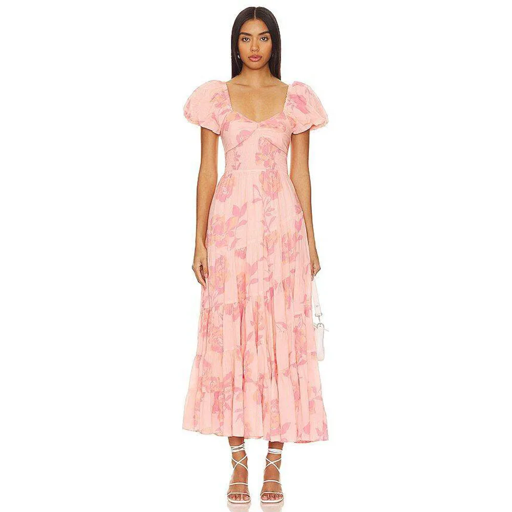 

Pink Evening Dresses Square Collar A Line Short Sleeves Ankle Length Flowers Alliques High Quality Female Gowns Elegant