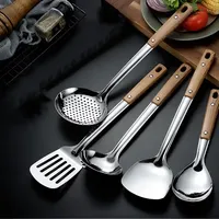 5Pcs/set Stainless Steel Cookware Wooden Handle Spatula Soup Spoon Rice Spoons Frying Spatula Colander Kitchen Cooking Tools