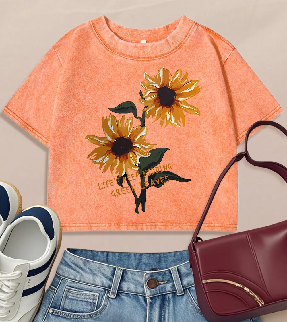 

Женская стираная футболка с креативным принтом в стиле ретро, летняя хлопковая дышащая одежда, повседневный укороченный топ с круглым вырезом, модные футболки