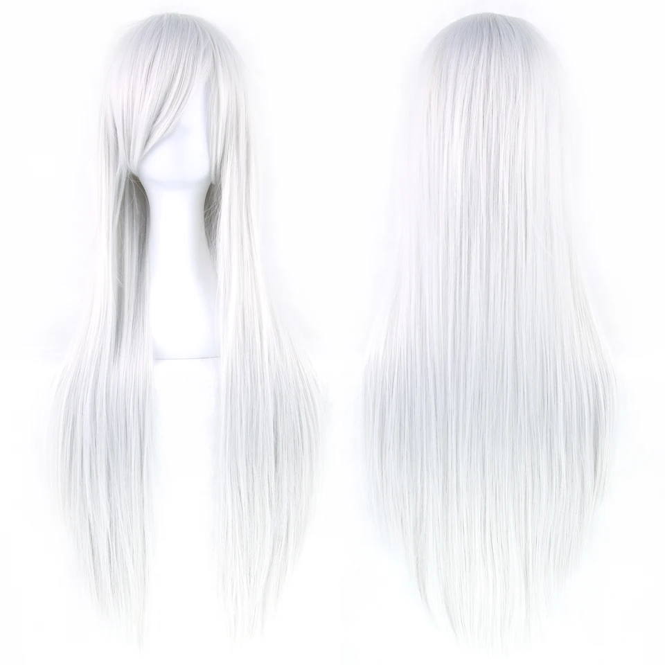 Peluca larga sintética plateada blanca para cosplay anime, fiesta de Halloween, lacia blanquecina con flequillo 5
