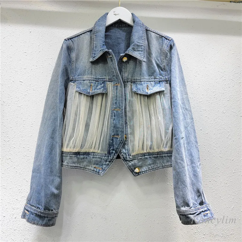 

2024 European Fashion Denim Coat Women's Spring and Autumn Denim Clothing Mesh Stitching Design Sense Jean Jackets