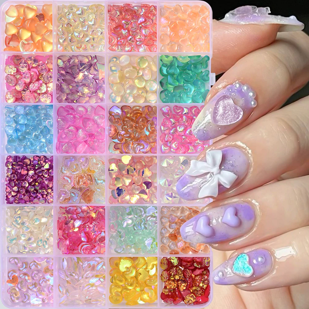 

24Grid Kawaii Aurora Resin Heart Nail Charms 3D Mixe Size Love Heart/Star/Moon Nail Art Decoration DIY Manicure Rhinestones