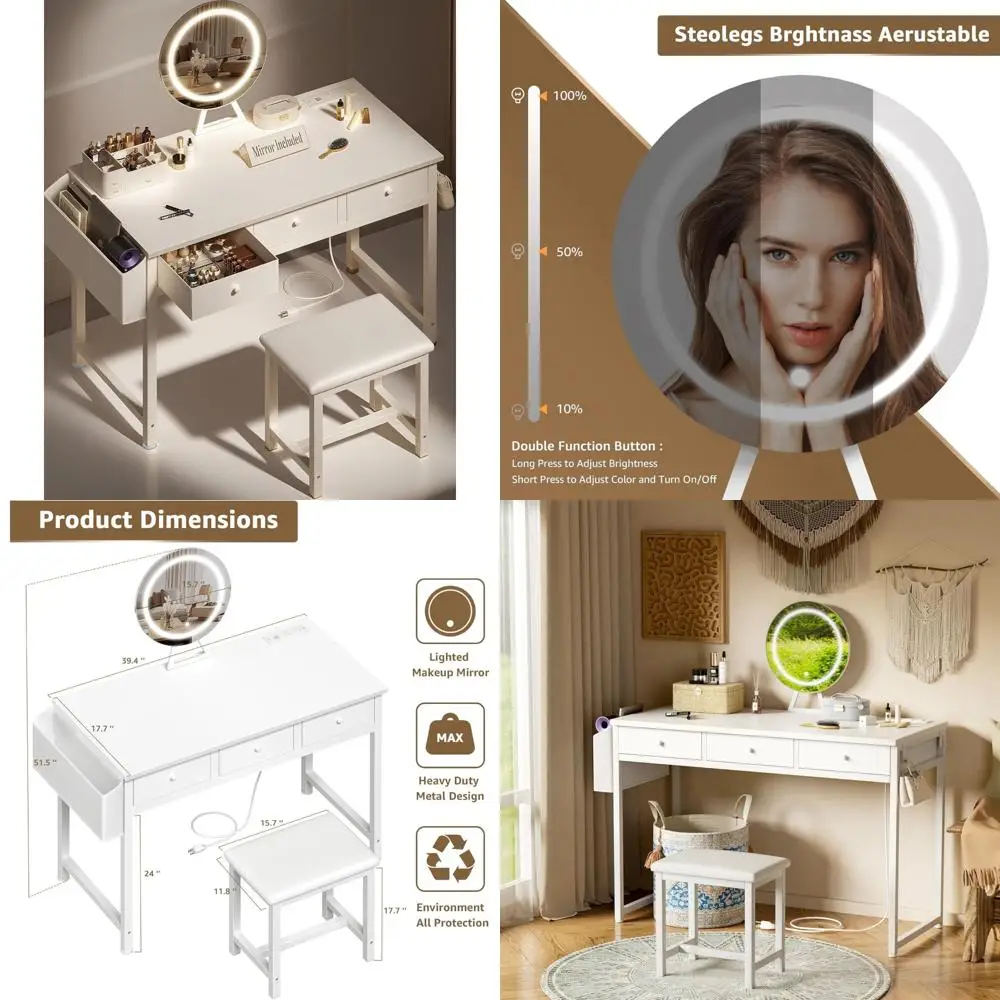 

compact makeup vanity desk with illuminated mirror and fabric drawers, including chair and power outlet
