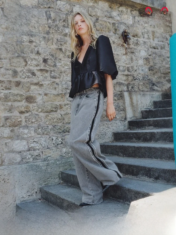 

H&M женские широкие джинсы, зимние брюки-фонарики, повседневные хлопковые брюки с боковыми сращиваниями на талии, свободный крой для подростков и молодежи