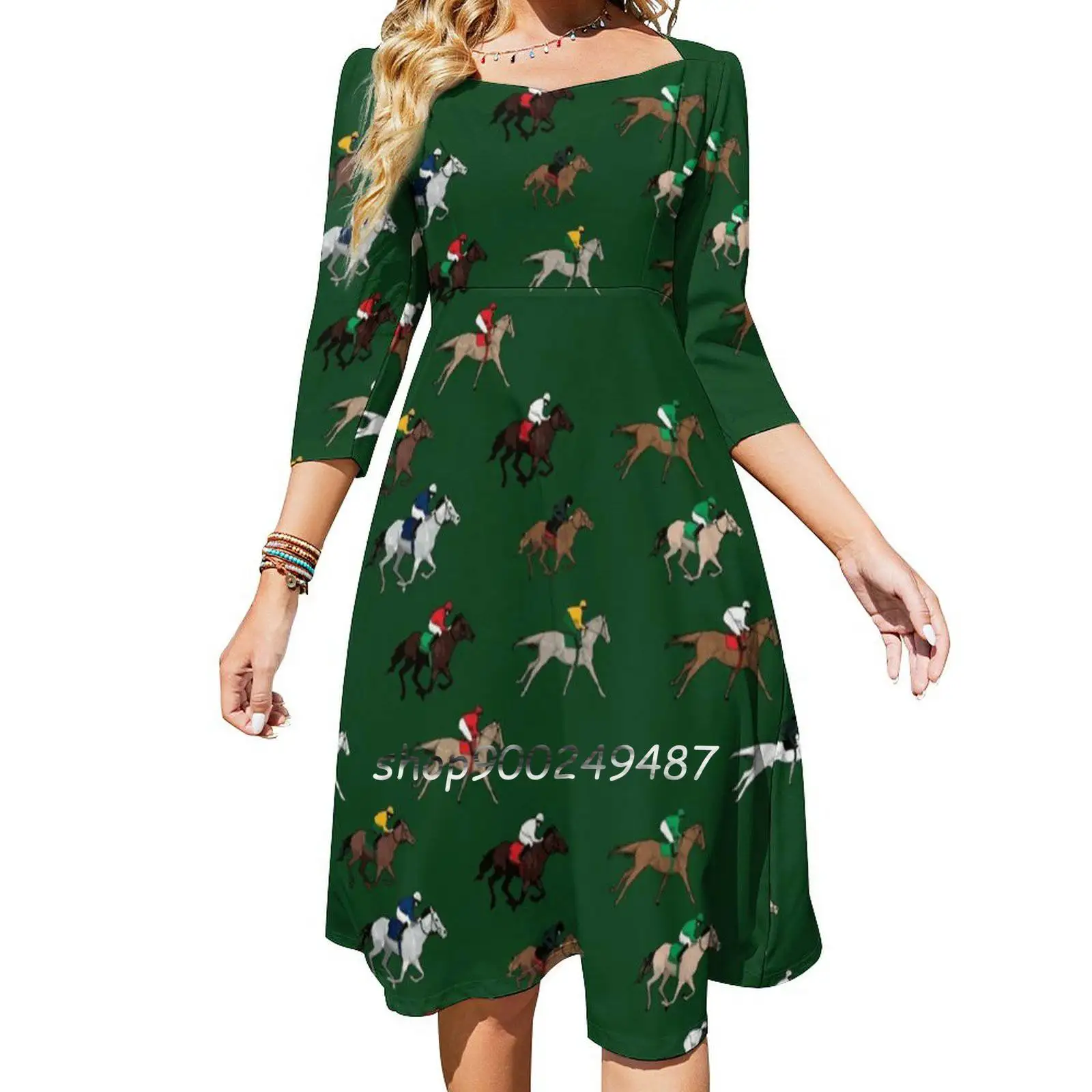 Horse Race Pattern Square Neck Dress Sweet Summer Dress Women Elegant Halter Print Dress