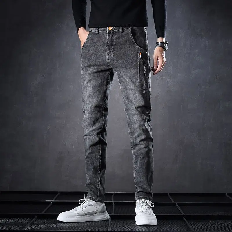 

Весенне-осенние черные джинсы, мужские эластичные универсальные высококачественные облегающие брюки с небольшой ногой, корейские износостойкие повседневные брюки