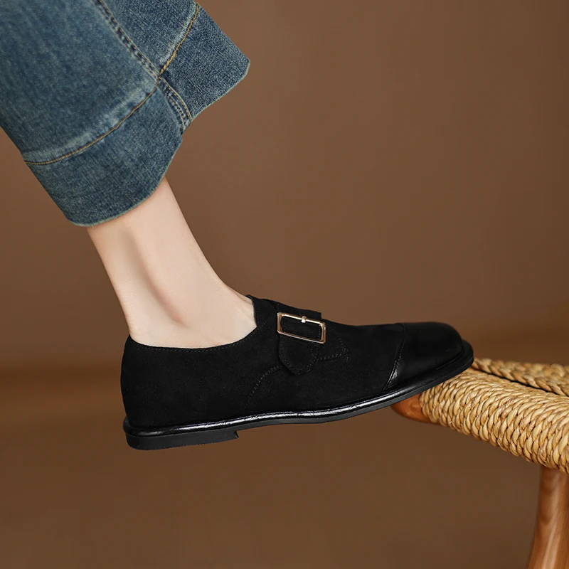 2026 Retro British Style Tower Buckle Single Shoes, Low-heeled Round-toe Suede Casual Shoes, Size 33-43