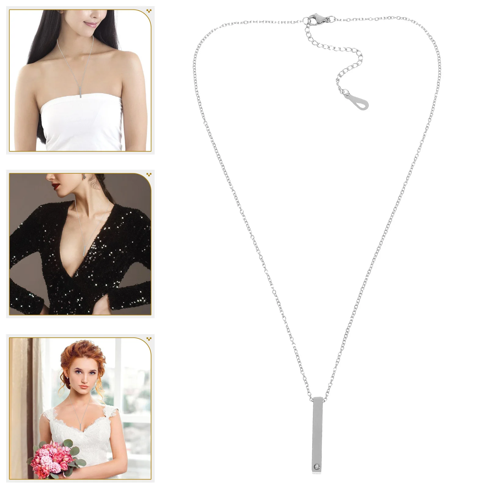 

Long Stainless Steel Bar Pendant Necklace Zircon Inlaid Stylish Jewelry for Men Women Gift Metal Bar Necklace Neck Chain