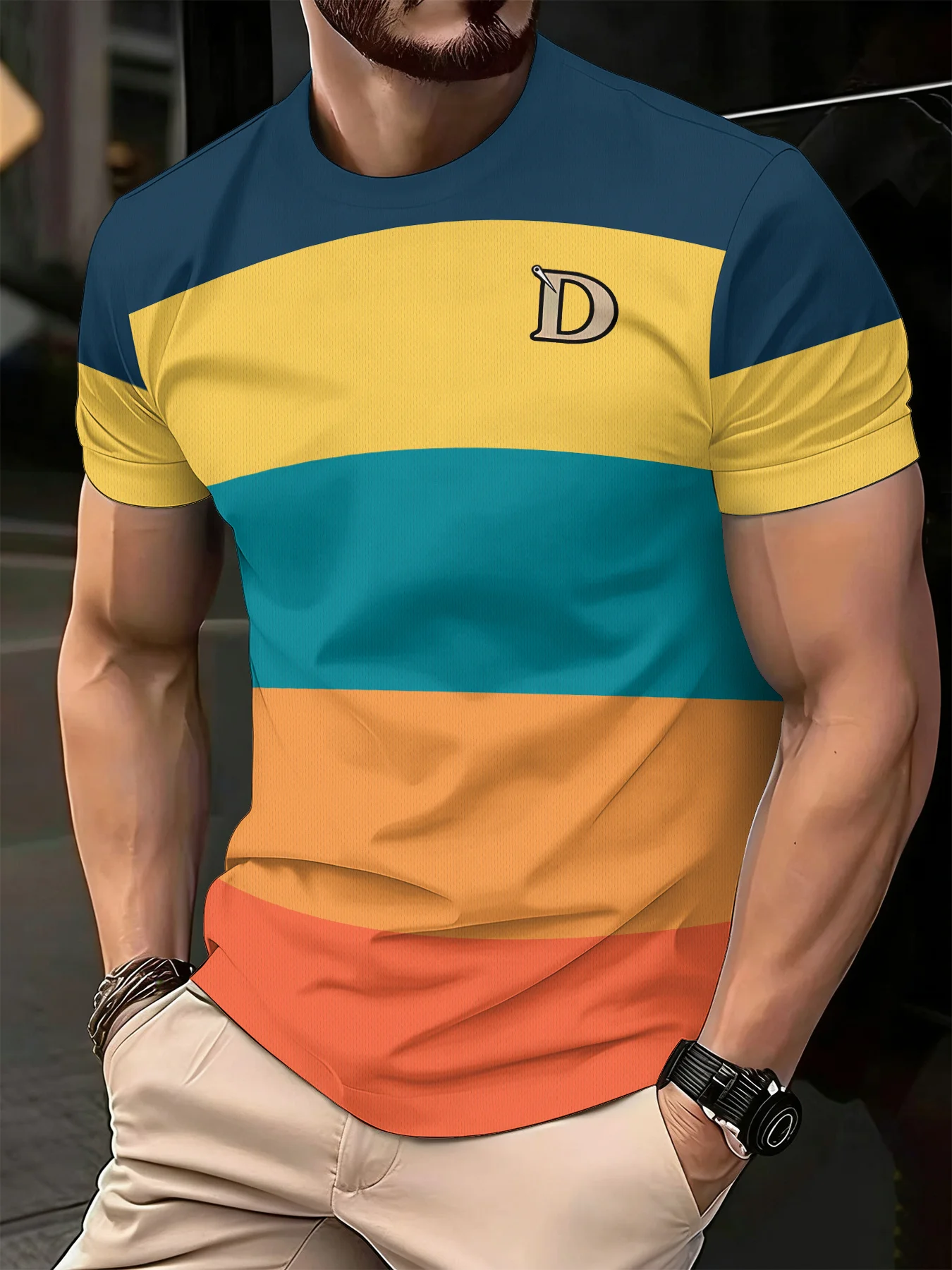 New men's short-sleeve T-shirt, loose-fitting and tailored with printed designs, versatile basic crew-neck top suitable for spri