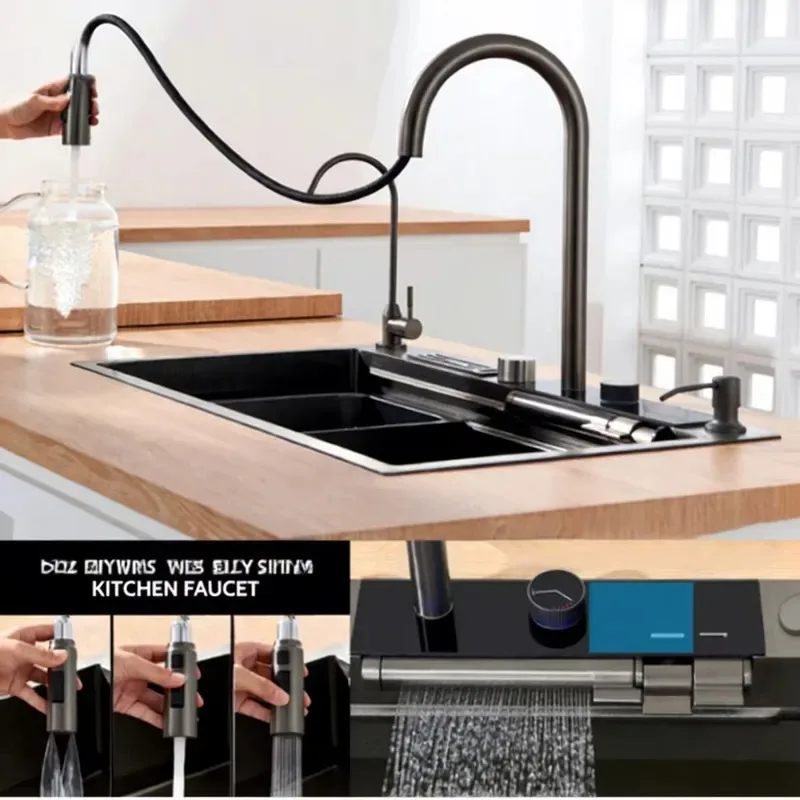 STLF Modern kitchen sink with faucet, single sink rectangular basin, polished, countertop mount, single hole, stainless steel