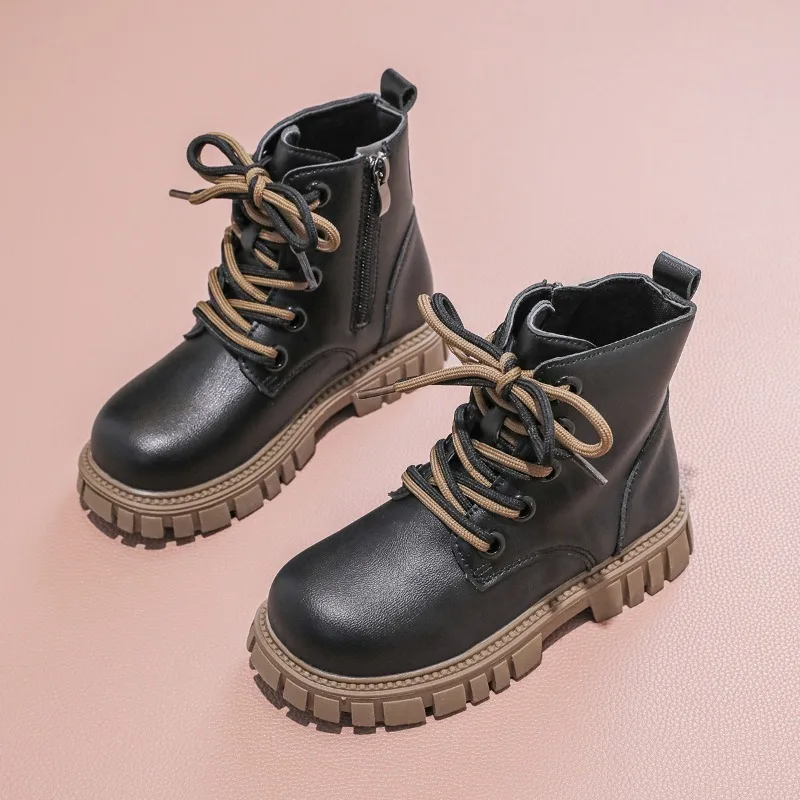 Boy Girl Short Boots Non-Slip British Style Boots Children's Side Zipper Design Single Shoes Leather Boots Anti-skid Kids Shoes