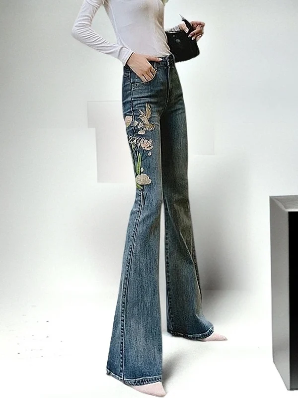 

Spring Summer High Waist Slimming Embroidered Flared Jeans Women's Flare Pants Casual Sle Multi ket Plant Floral