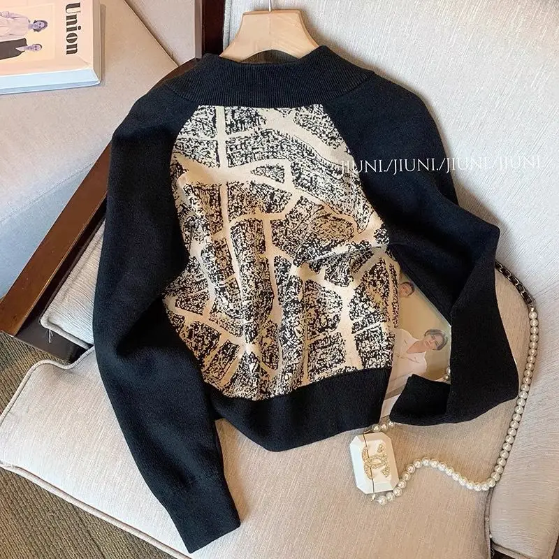 Clothes for Women Vintage Print Patchwork Zipper Knitted Cardigan Y2K Female Long Sleeve Loose Outerwears Chic Sweater Jacket