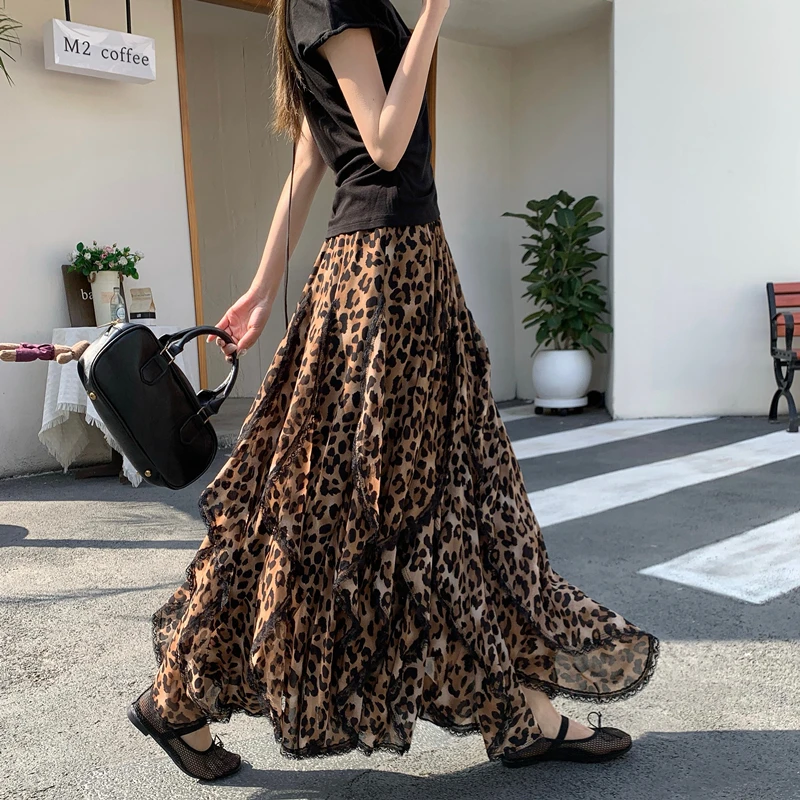 

Retro Asymmetrical Lace Splicing Leopard Print High Waist Slimming Long Skirt Women's High Waist European Sle Polyester Fiber