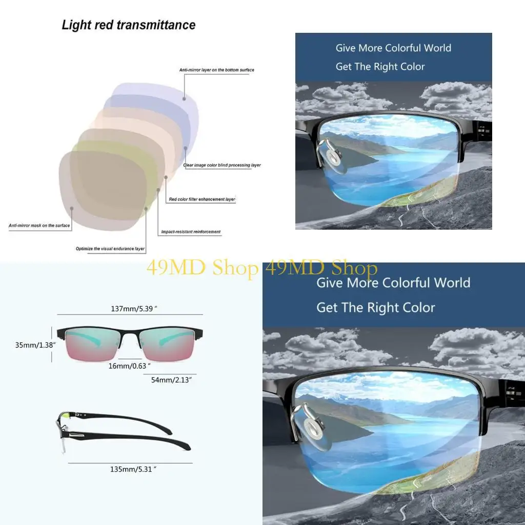 49MD Glasses for People with Red-green Color-blindness Daltonism and Color Weakness Half Frame 2-sided Coating Lenses