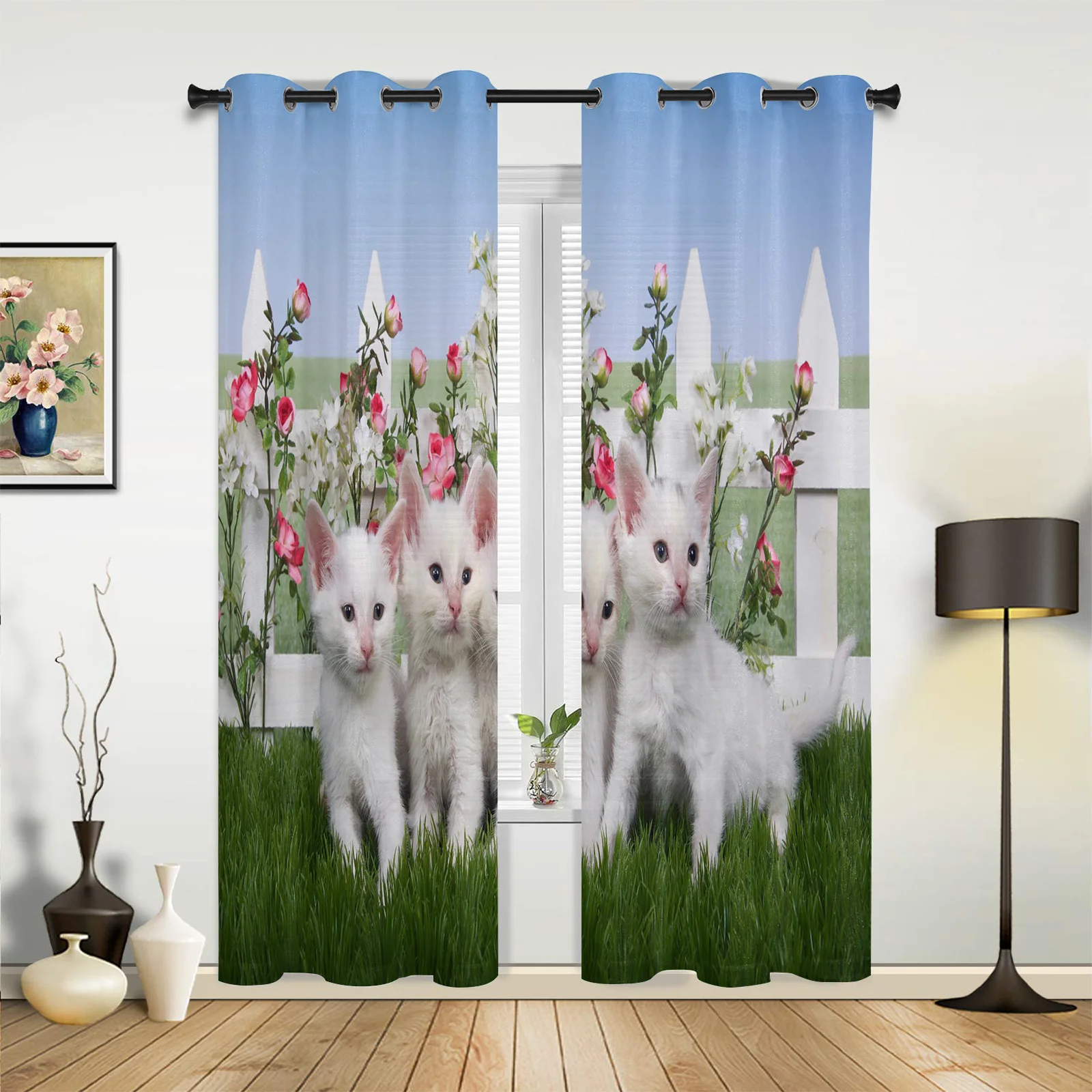 

Cat Pet Grass Fence Plant Window Curtains In The Living Room Printed Window for Bedroom Kitchen Window Curtains Hotel Drapes