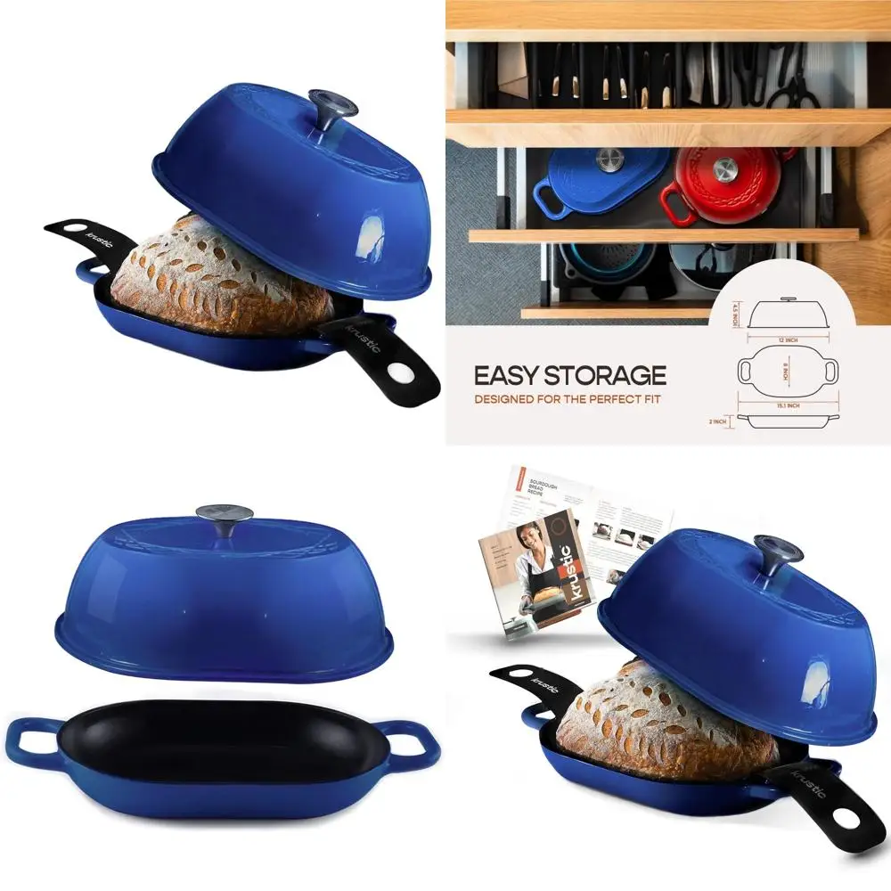 

5.5-Quart Oval Enamel Cast Iron Dutch Oven with Triple-Coating and Non-Stick Silicone Mat, Blue