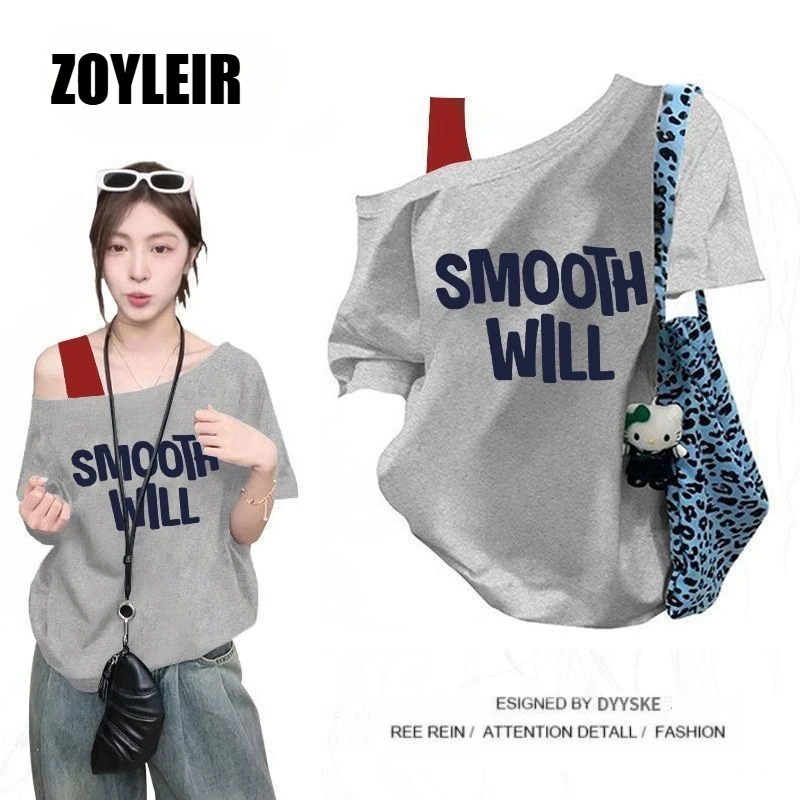 Elegant Summer One Shoulder T Shirt Women Fake Two-piece Oversize Graphic T Shirts Short Sleeve Off Shoulder Top Sport Casual image 3