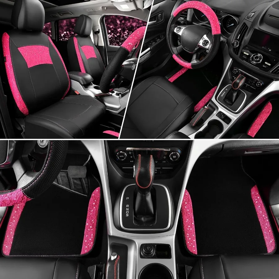 

Universal Leather Pink Lace Car Seat Covers Full Set for Women Girls Waterproof Car Floor Mats Carpet Steering Wheel Cover
