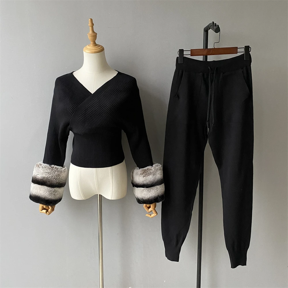 Jxwatcher Women's Sweater Set with Real Rex Rabbit Fur Cuffs Fashion V Neck Knit Pullover with Pants Two Pieces Sets New Arrival