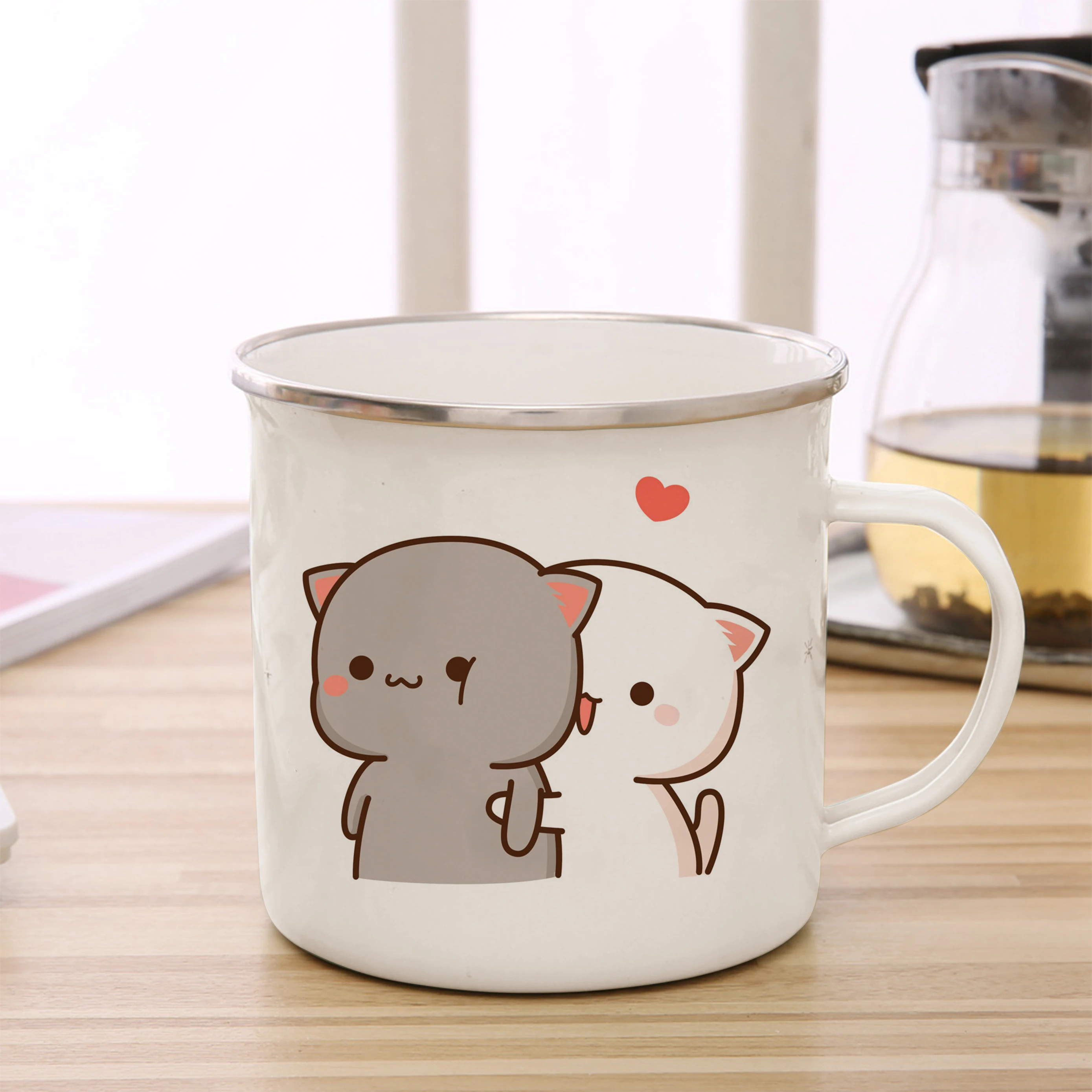 Peach and Goma cat enamel coffee tea cup cute animal breakfast dessert milk water cup couple gift