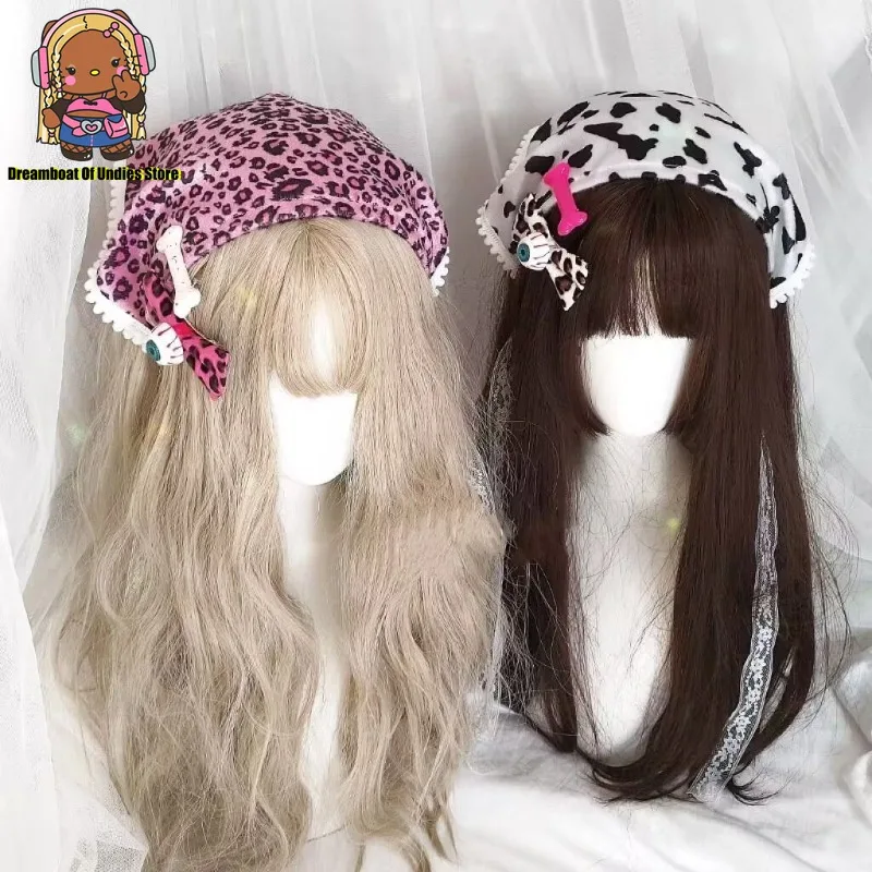 Harajuku Y2k Lolita Cow Leopard Print Hair Scarf Headband Subculture Grunge Alternative Fashion Women Headwrap Hair Accessories