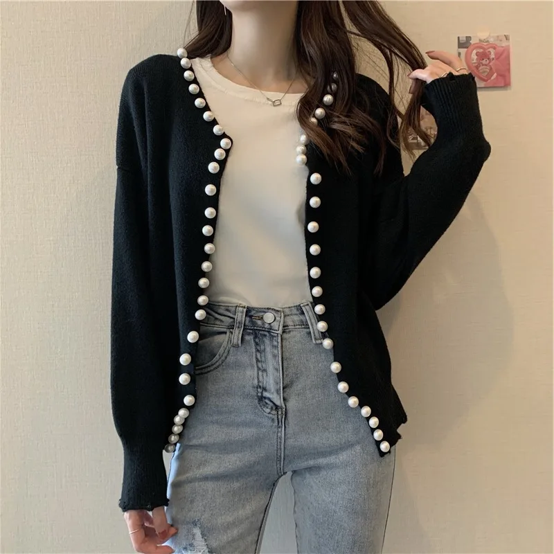 Korean Version Of The Sweater Fashion Trend Pearl Loose Sweater Ladies New Autumn And Winter Long-sleeved Solid Color Cardigan