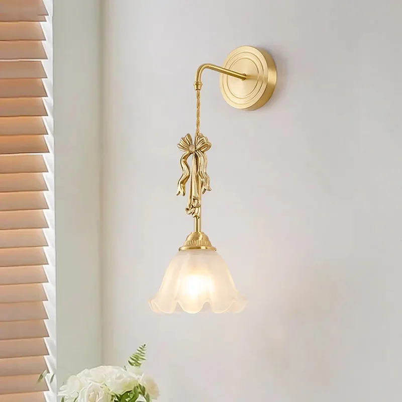 French Vintage Bow Brass Wall Sconce Frosted Glass Shade Wall Lamp Bedroom Bathroom Vanity Light Farmhouse Indoor Decor Lighting