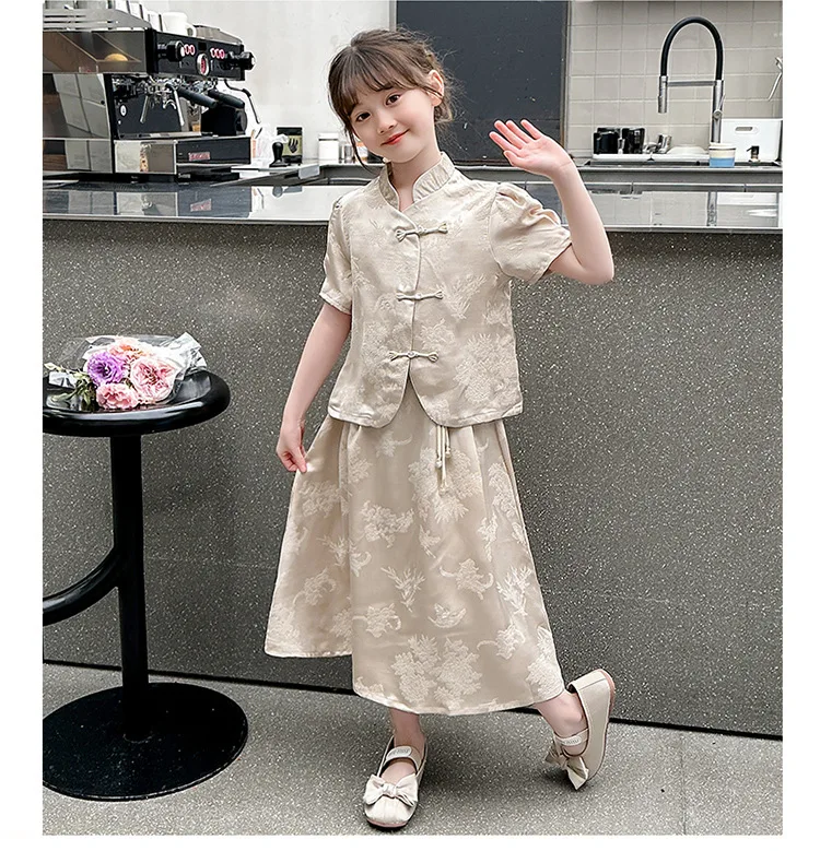 女の子のための中国のツーピーススーツ,女性のドレスセット,子供服,シンプルなスカートセット,新しい夏のコレクション2024