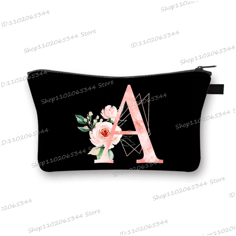 Women's Makeup Bag Pink Floral Pattern Alphabet ABCDEF... Zipper Cosmetic Lipstick Storage Bag Portable Travel Toiletry Bags