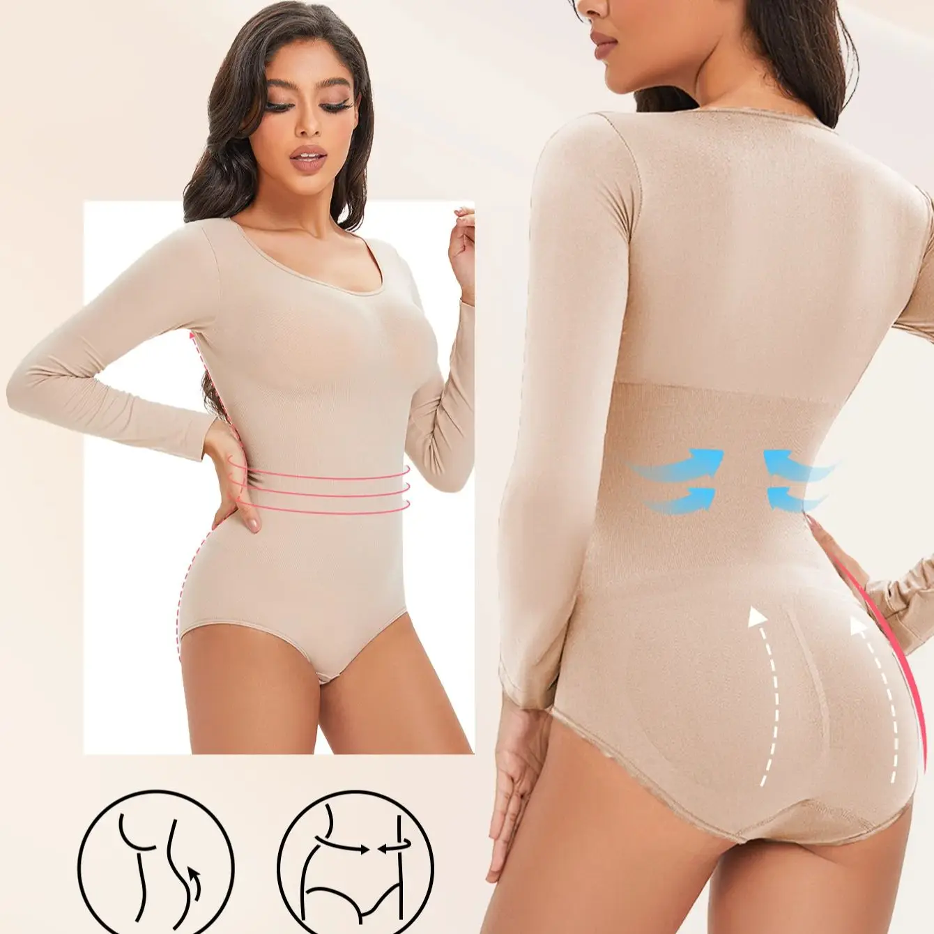 1PC Women Spandex Elastic Bodysuit Shapewear Long Sleeve Body Shaper Tummy Control Open Crotch Round