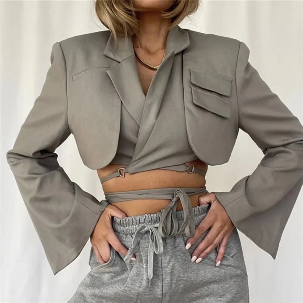 

Vintage Korean British Style Cross Strap Short Suit Jacket with Shoulder Pads Long Sleeve Trendy Slimming Top for Women
