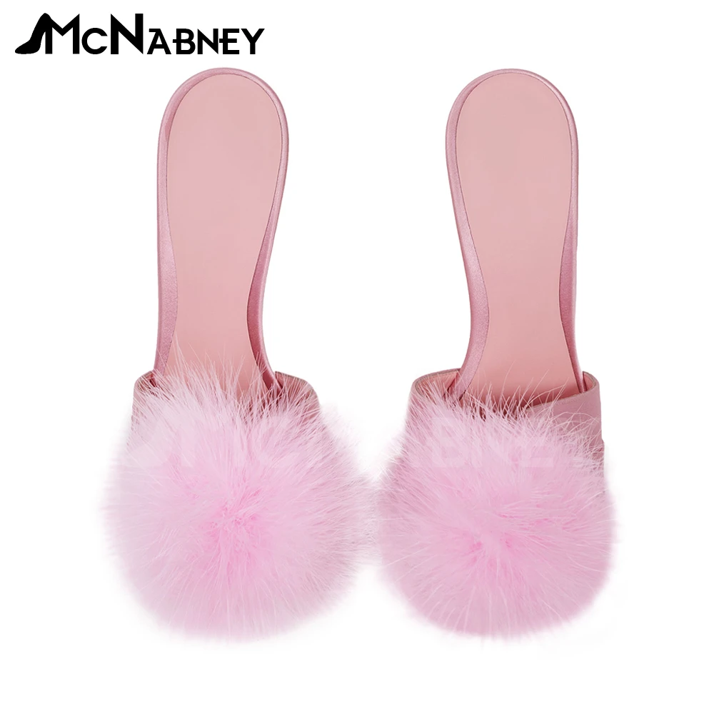 Baby Pink Satin Fur Mules Round Toe Pom Designer Slippers Rhinestones Stiletto Summer Shoes Slip On Sandals Fashion High Heels