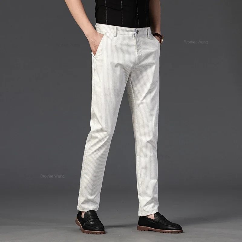 New Men\'s Business Straight Striped Casual Pants High Quality British Fashion Soft Elastic Trousers Black White Khaki Gray