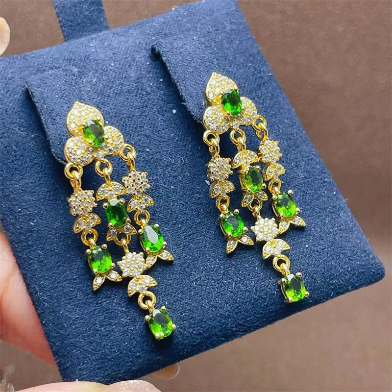 

Natural Diopside Drop Earrings S925 Silver Tassel Design Gemstone Genuine with Certificate