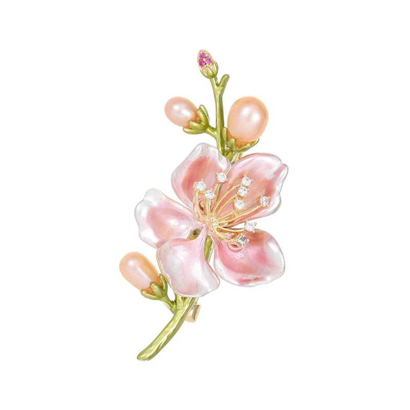 Elegant Freshwater Pearl Flower Brooch Yulania Magnolia Flowers Crabapple Blossom Design Brooches for Women Wedding Jewelry Gift