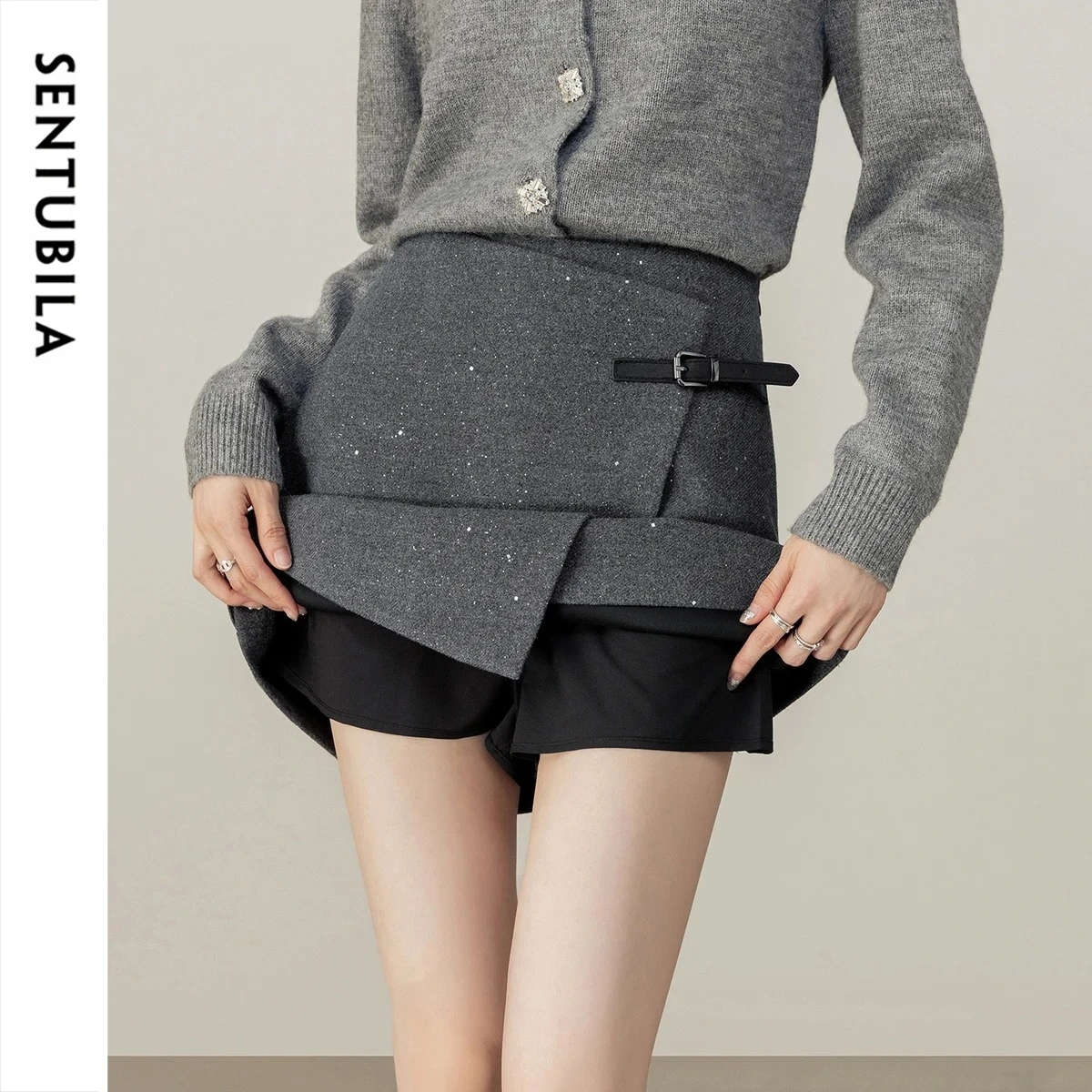 SENTUBILA Women Gray Mini Skirt 2026 High Waist Leather Strap Buckle Overlap Design Thick Sequin Woolen Short Skirt 154QP3746