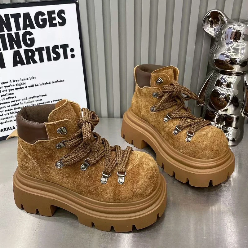 

Flats Ankle Boots for Women Platform Designer Shoes Lace Up Fashion Winter Snow Boots 2025 New Suede Cozy Chelsea Botas De Mujer