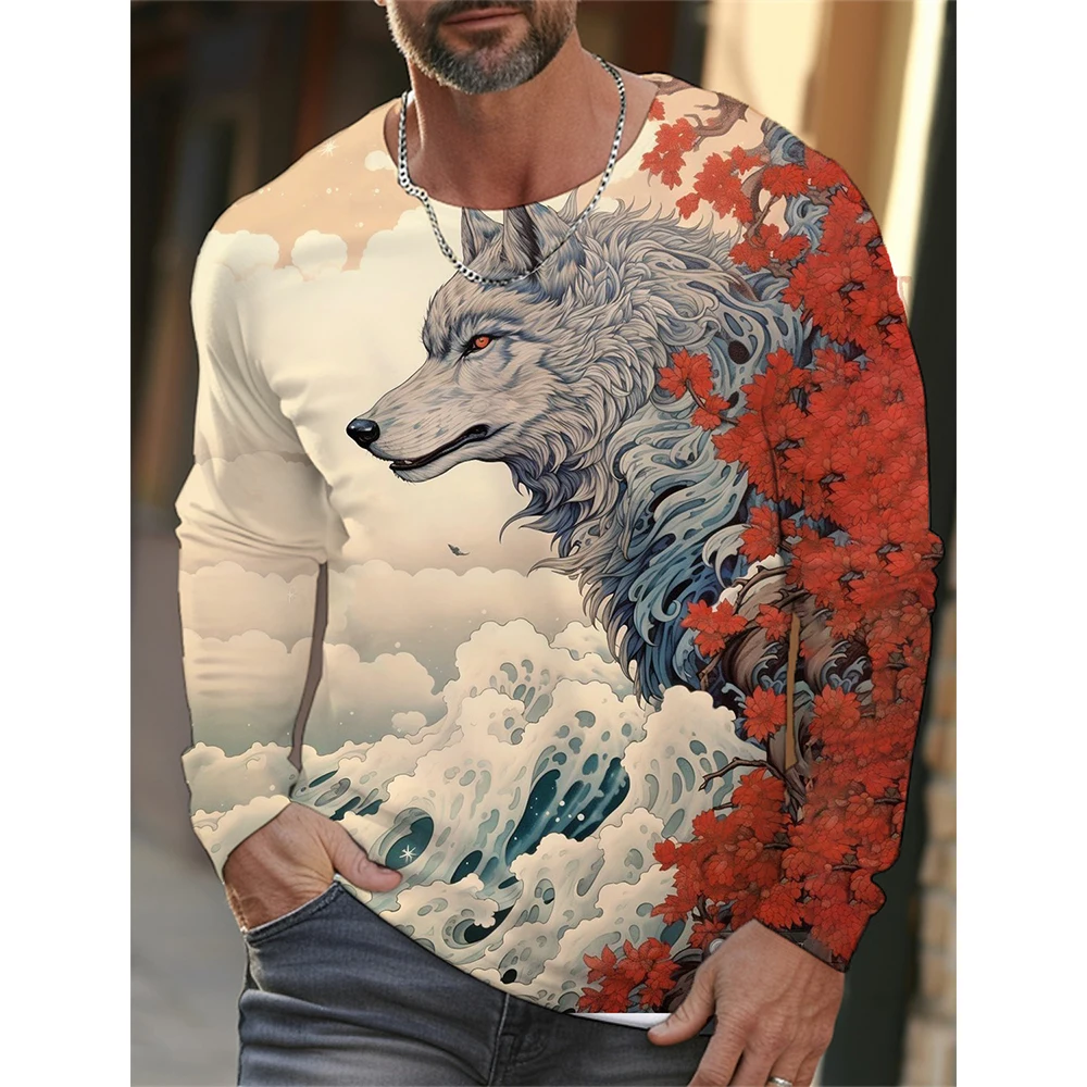 New Ukiyoe 3D Print T-Shirt Men Women Fashion Casual Wolf Graphic Long Sleeve T Shirts Oversized Harajuku Tees Top Kid Clothing