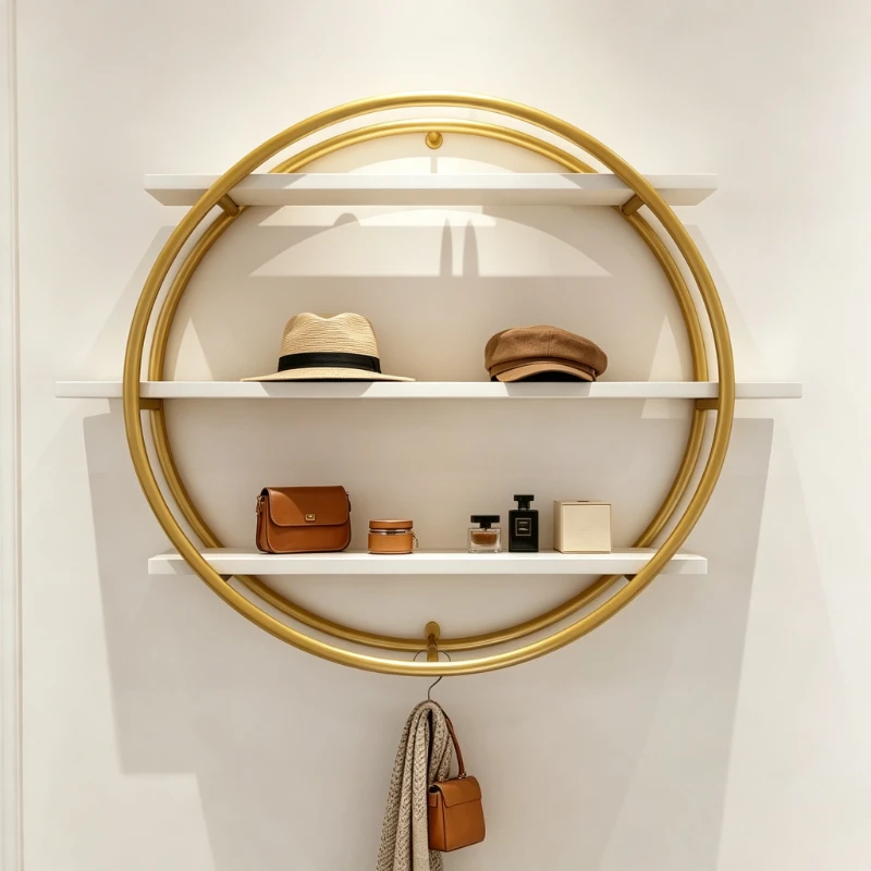 Elegant Gold Wall Mounted Display Rack Boutique Clothing Showcase Shelf Garment Hanger Organizer Space-Saving Store Fixture