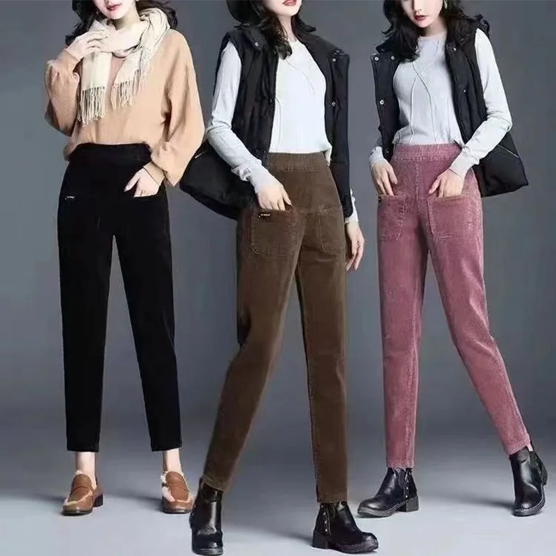 

Simplicity Autumn Winter Women Corduroy Pants Solid Pockets Elastic High Waist Plus Velvet Thicken Fashion Casual Haren Trousers