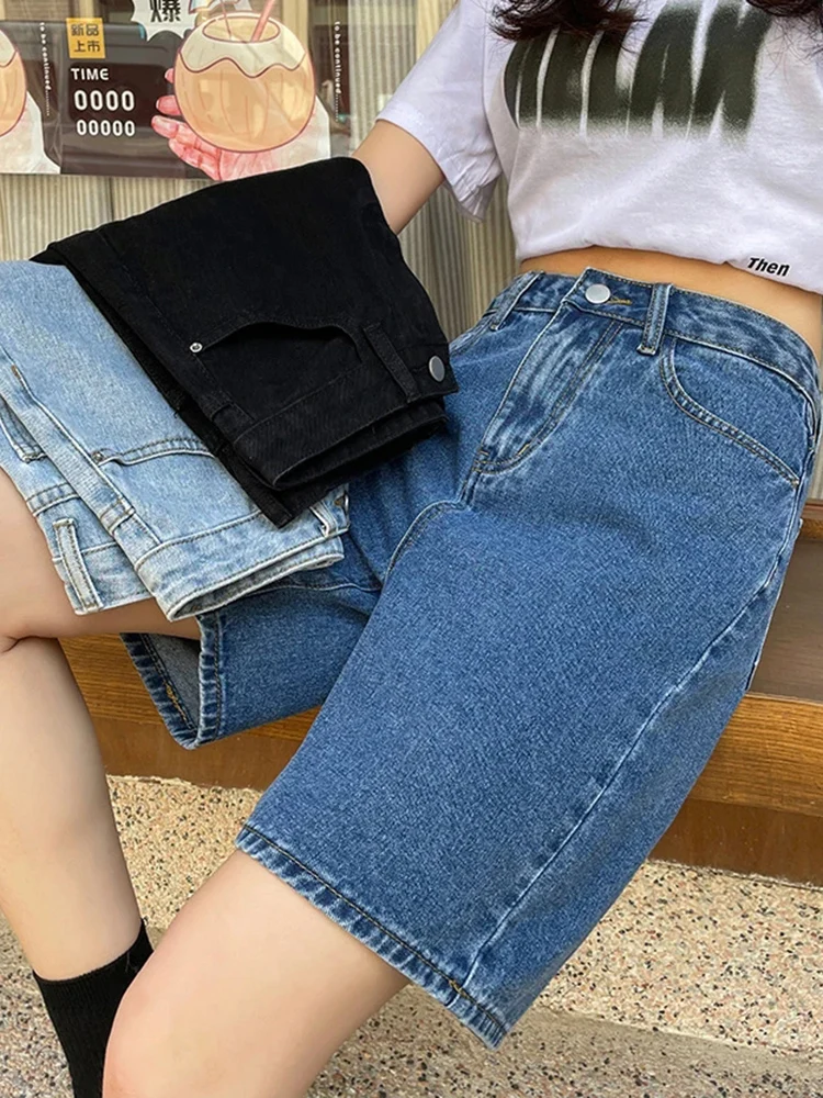 Sommer Frauen einfarbig lose weites Bein Denim Shorts koreanische hoch taillierte Retro y2k modische lässige gerade Bein Frauen Jeans