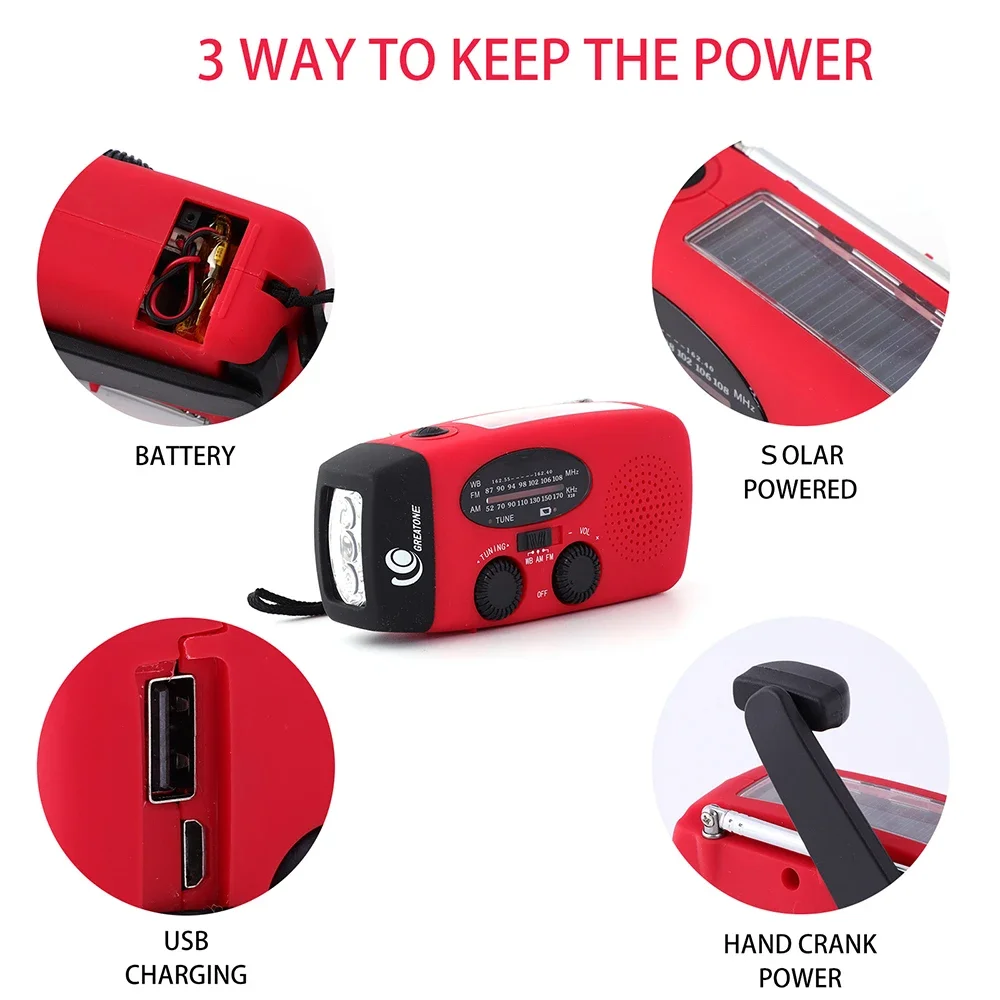 Multi-purpose Emergency Radio Hand Crank Solar USB Rechargeable Portable FM Radio Flashlight On Batteries Charger For Smartphone