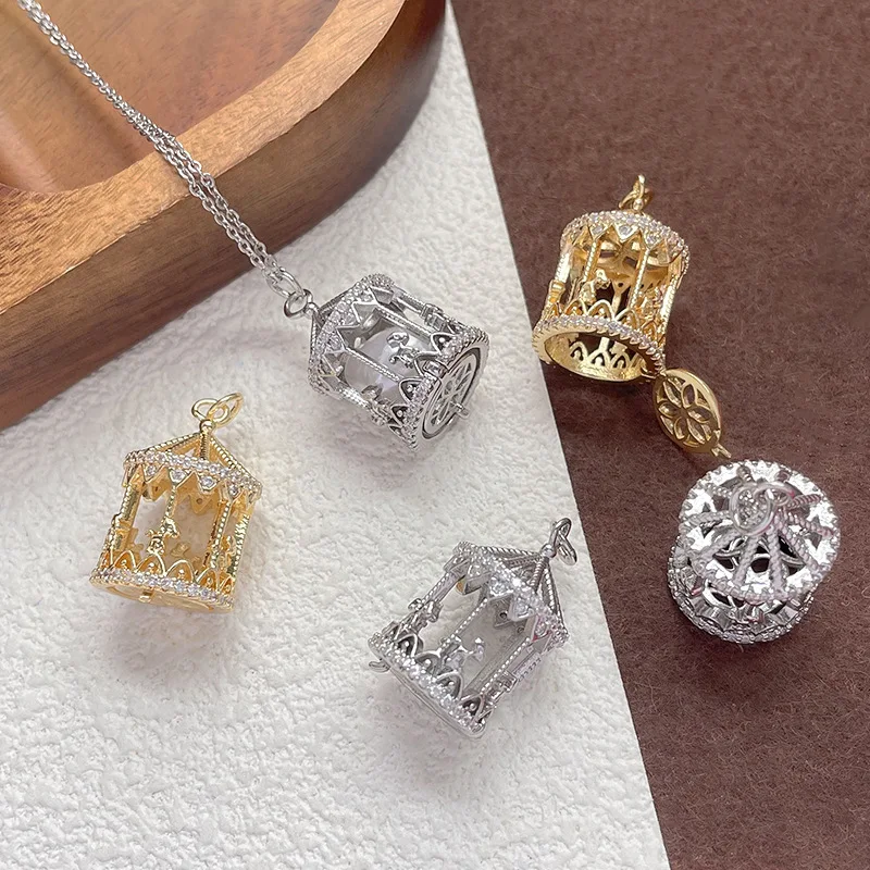 1pc Copper-plated French-style Hollow Rotating Carousel Three-dimensional Cute Pendant DIY Hollow Pendant Accessory