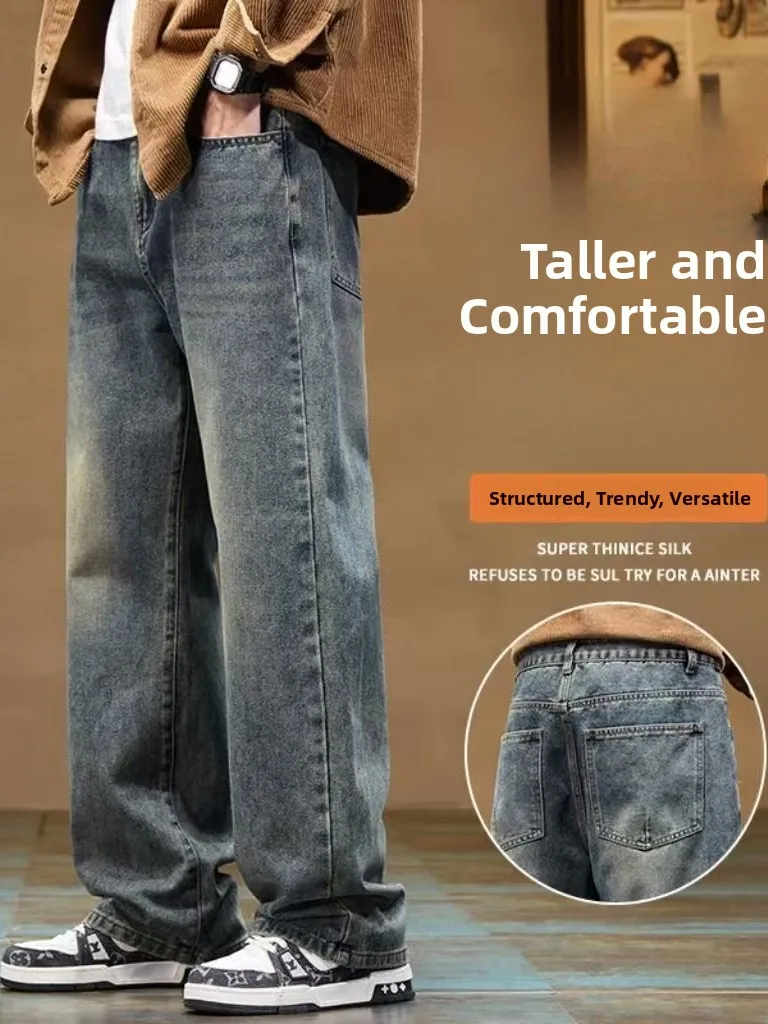 Retro Work Pants Men's Casual Straight Leg Jeans Youth Business Wear Resistant Loose Fit Denim Trousers for Young Men